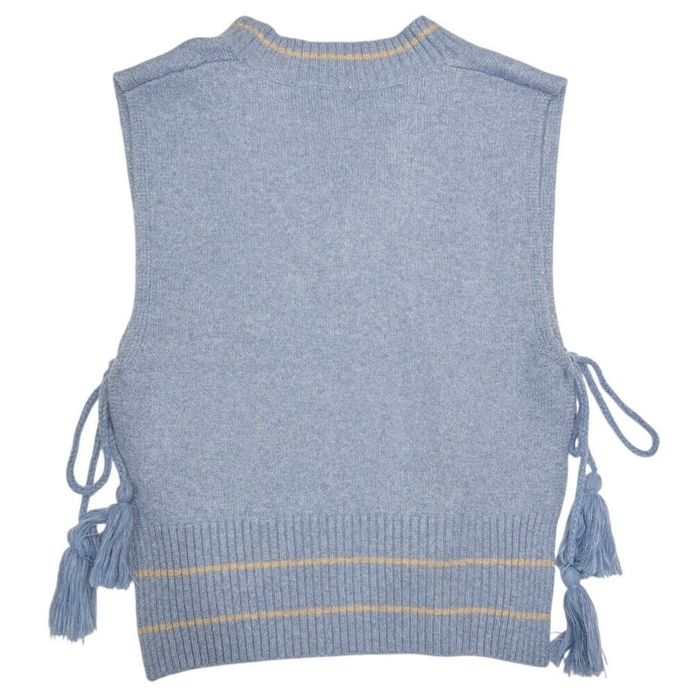 Free People All Star Striped Poncho Vest OS Blue Tassel Tie Boho Knit - Picture 5 of 13